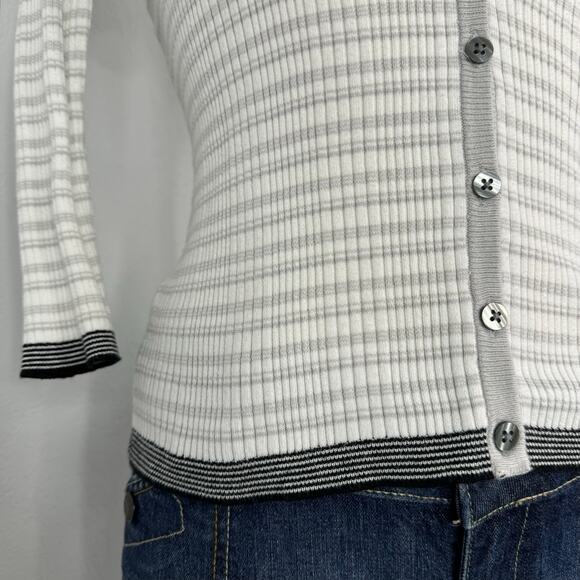 Gray and White Striped Button V-Neck Cardigan - Picture 4 of 9